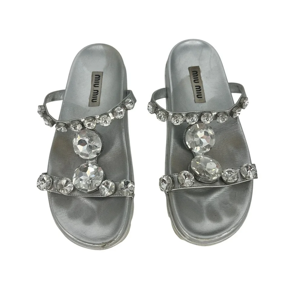 Miu Miu Argento Crystal Embellished Platform Slide Sandals Silver Size 39.5